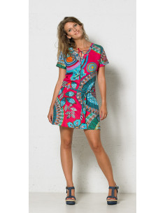 1 Robe Coton Manches Courtes Imprime Leaf