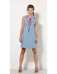 1 Vestido algodon jean bordado sin mangas