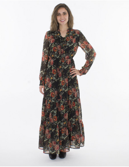 Vestido largo muselina de poliester doblado estampado renecimiento