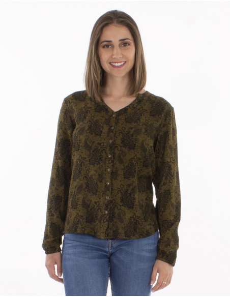 Blusa crepe de viscosa abotonada estampado bosque