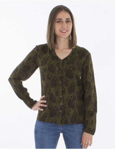 Blusa crepe de viscosa abotonada estampado bosque