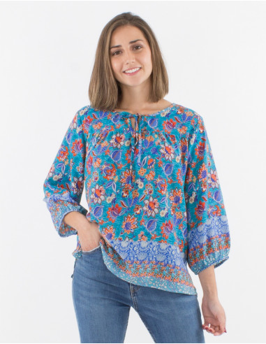 Blusa poliester mangas 3/4 estampado holi flower