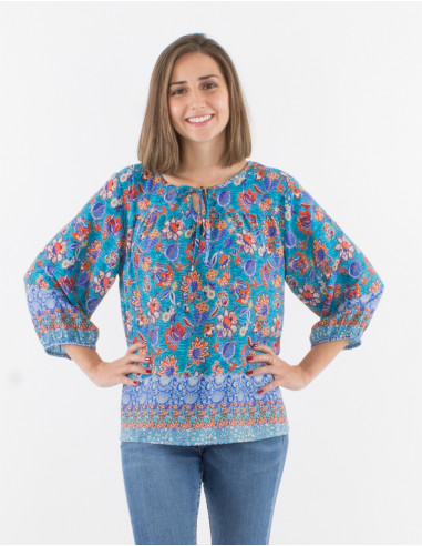 Blusa poliester mangas 3/4 estampado holi flower