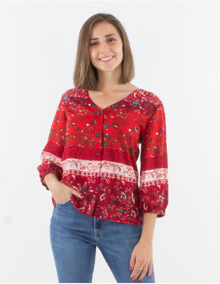 Blusa poliester mangas 3/4  con botones estampado delhi