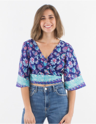 Top poliester mangas cortas estampado holi flower