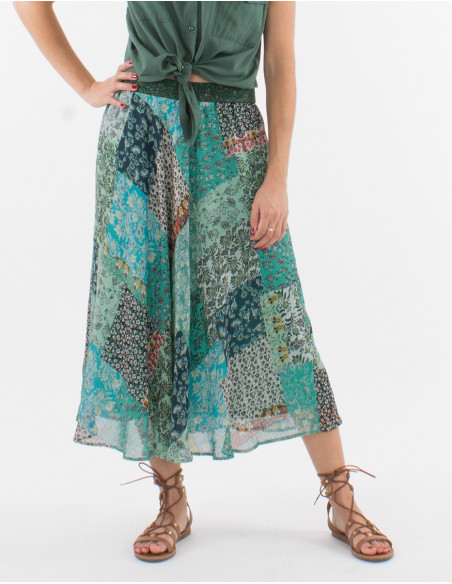 Falda mousseline de poliester doblada talla elastica estampado jardin