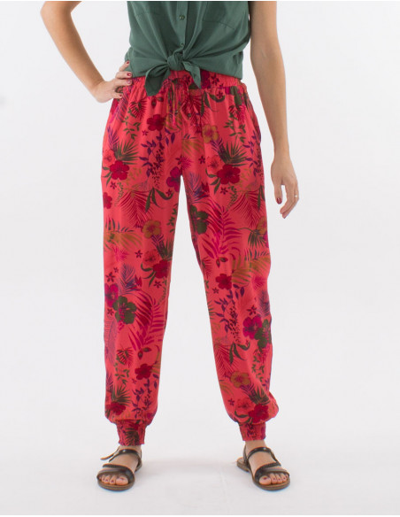 Pantalon viscosa bajo smocke estampado tropical