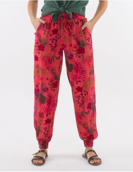 Pantalon viscosa bajo smocke estampado tropical