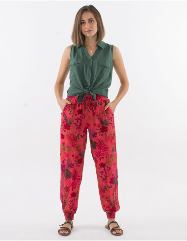 Pantalon viscosa bajo smocke estampado tropical