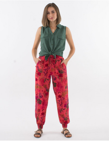 Pantalon viscosa bajo smocke estampado tropical