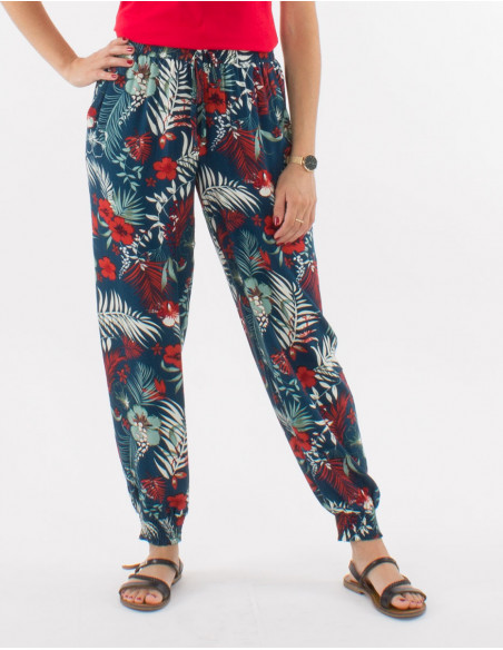 Pantalon viscosa bajo smocke estampado tropical