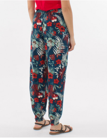 Pantalon viscosa bajo smocke estampado tropical