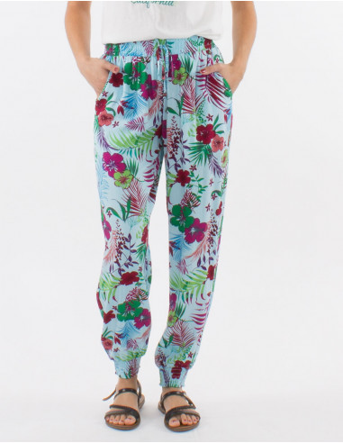 Pantalon viscosa bajo smocke estampado tropical