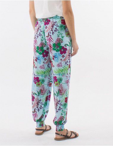 Pantalon viscosa bajo smocke estampado tropical