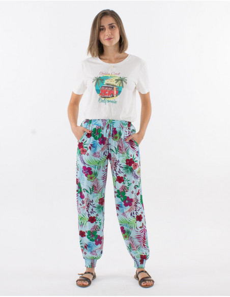 Pantalon viscosa bajo smocke estampado tropical