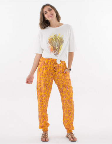 Pantalon viscosa bajo smocke estampado banana