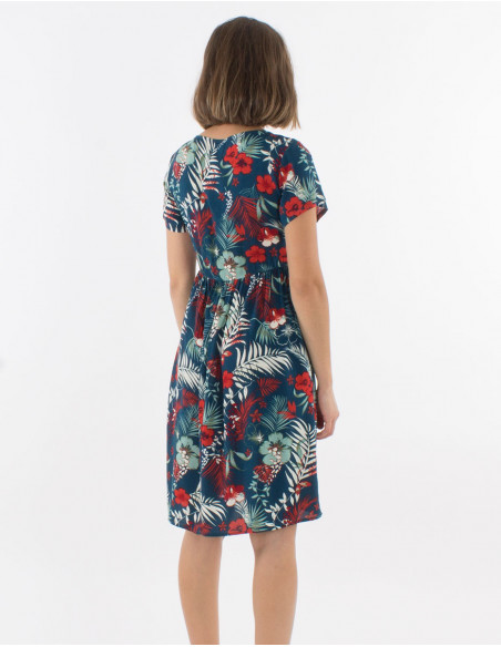 Vestido viscosa mangas cortas estampado tropical