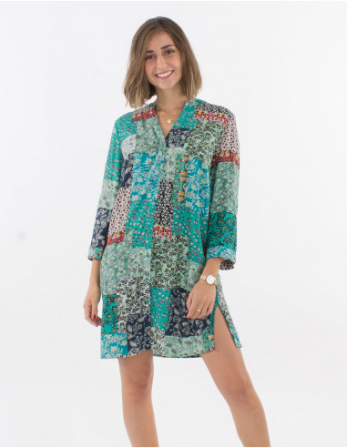 Vestido viscosa con botones mangas 3/4 estampado jardin