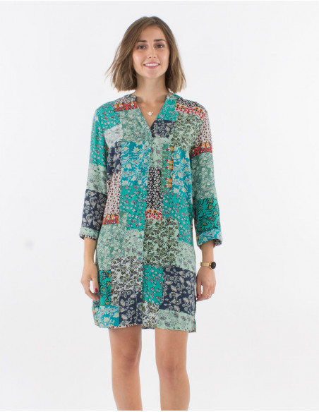 Vestido viscosa con botones mangas 3/4 estampado jardin