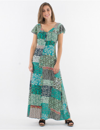 Vestido viscosa con botones mangas cortas estampado jardin