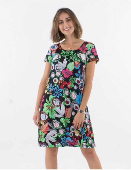 Vestido malla 96% poliester 4% elastano mangas cortas estampado caraibes