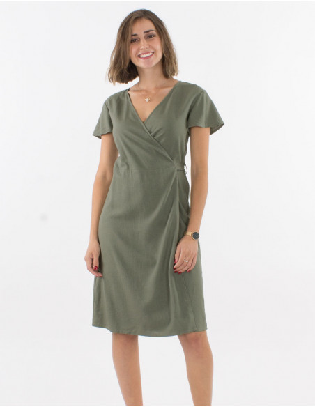 Vestido 54% lino 46% viscosa cruzada mangas cortas