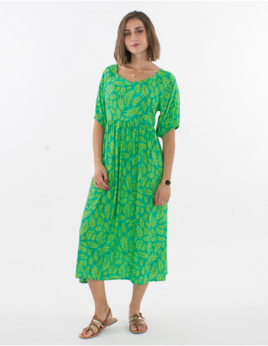 Vestido largo viscosa mangas cortas estampado...