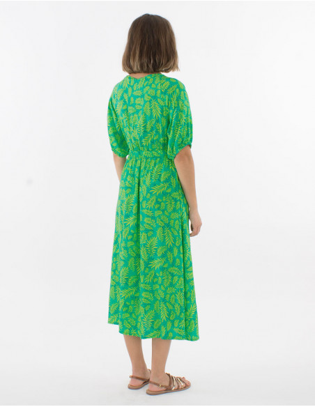 Vestido largo viscosa mangas cortas estampado banana