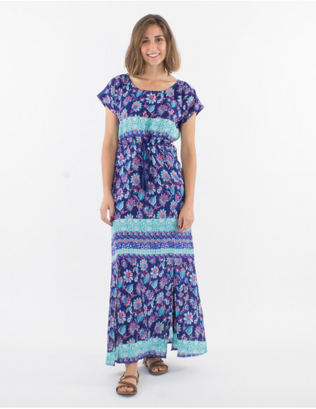 Vestido largo poliester mangas cortas estampado holi flower