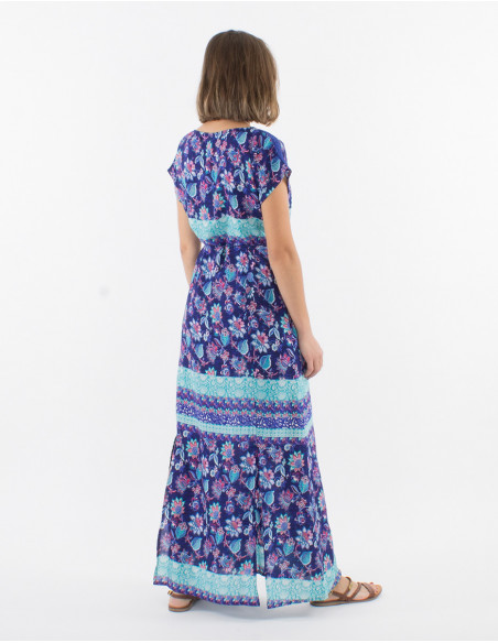 Vestido largo poliester mangas cortas estampado holi flower