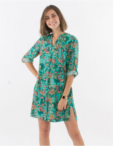 Vestido viscosa con botones mangas 3/4 estampado seychelles