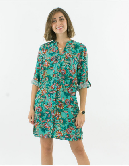 Vestido viscosa con botones mangas 3/4 estampado seychelles