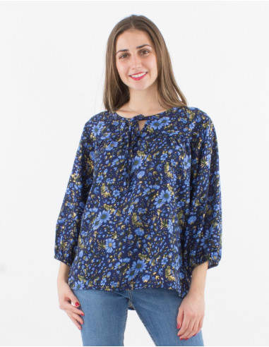 Blusa de poliéster de manga 3/4 con flores doradas