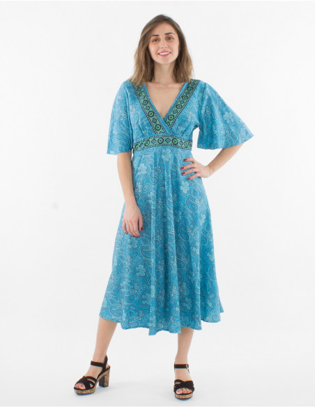 Vestido de poliéster de manga corta con estampado sari