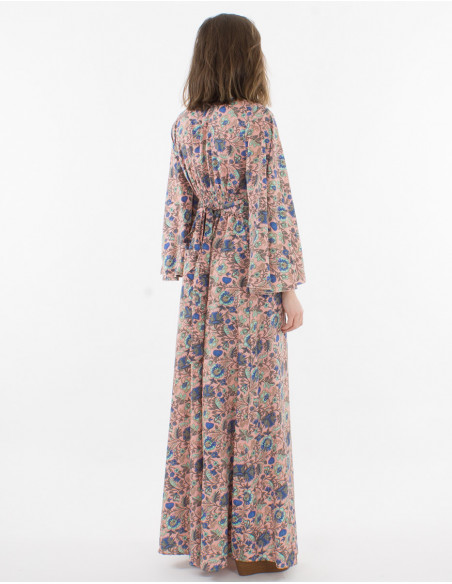 Maxi vestido de poliéster con mangas 3/4 y estampado sari