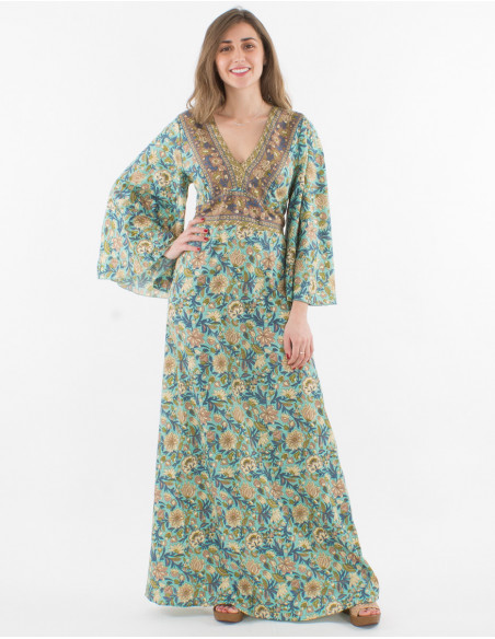 Maxi vestido de poliéster con mangas 3/4 y estampado sari