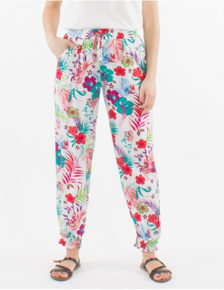 Pantalon viscosa bajo smocke estampado tropical