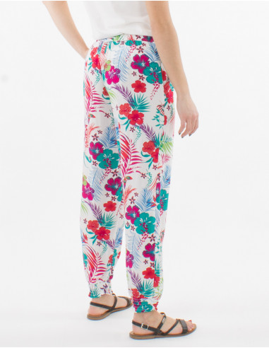 Pantalon viscosa bajo smocke estampado tropical
