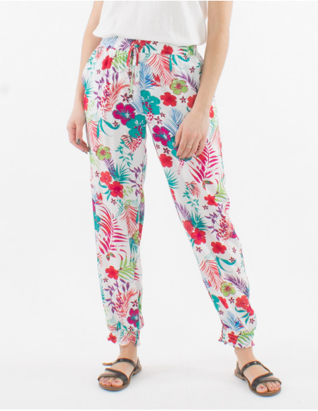 Pantalon viscosa bajo smocke estampado tropical