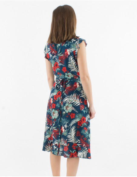 Vestido viscosa mangas cortas cruzado estampado tropical