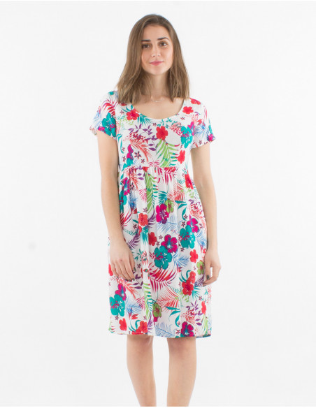 Vestido viscosa mangas cortas estampado tropical