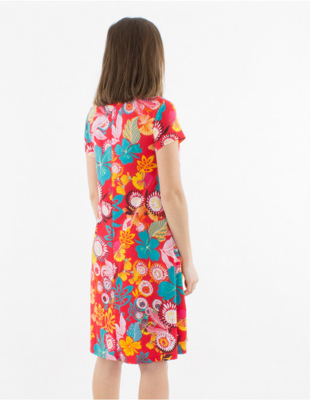 Vestido malla 96% poliester 4% elastano mangas cortas estampado caraibes