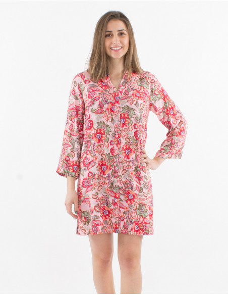 Vestido viscosa con botones mangas 3/4 estampado seychelles