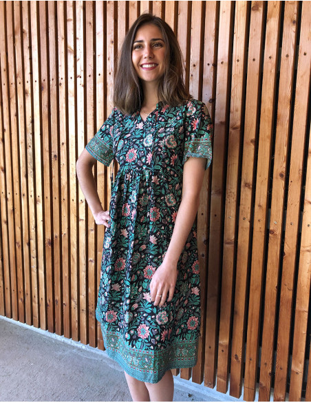 Vestido algodon mangas cortas estampado bagdad