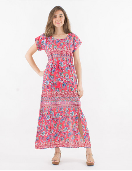 Vestido largo poliester mangas cortas estampado holi flower