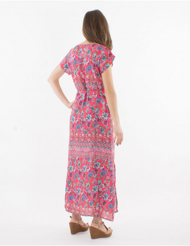 Vestido largo poliester mangas cortas estampado...