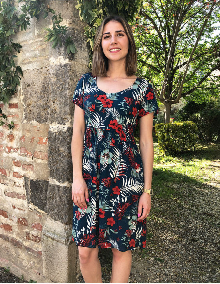 Vestido viscosa mangas cortas estampado tropical