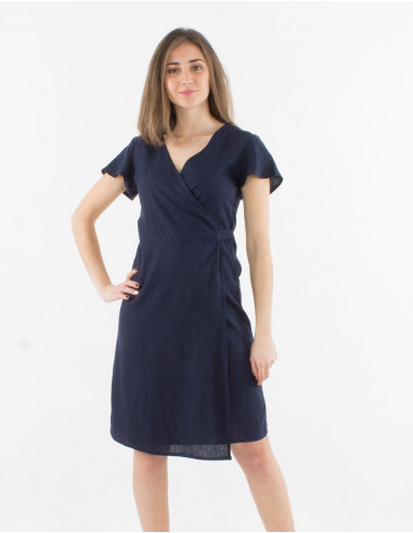 Vestido 54% lino 46% viscosa cruzada mangas cortas