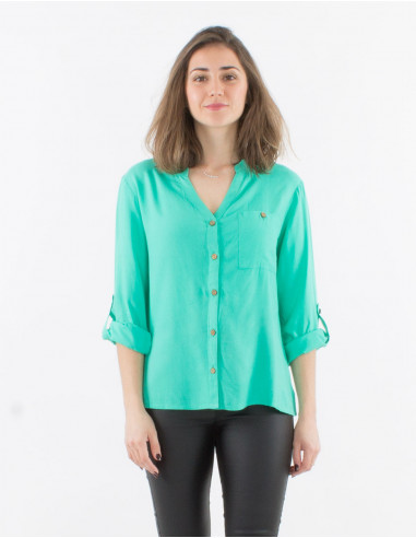 Blusa viscosa lisa con botones mangas largas