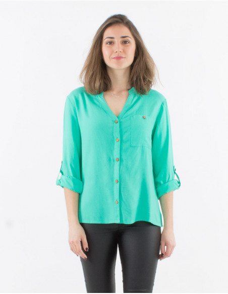 Blusa viscosa lisa con botones mangas largas